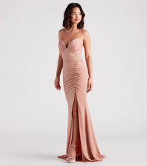 Rosalyn Ruched Glitter Knit High Slit Formal Dress