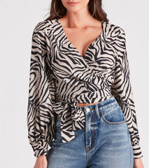 Go-Getter Gal Zebra Print Wrap Tie Top