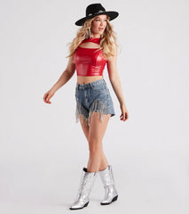 On The Fringe Rhinestone Denim Shorts