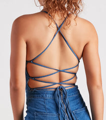Playful In Denim Lace-Up Romper