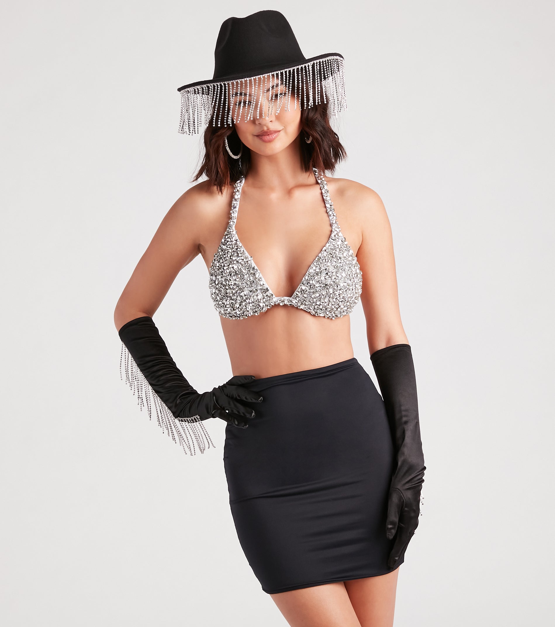Such A Showstopper Rhinestone Fringe Satin Gloves